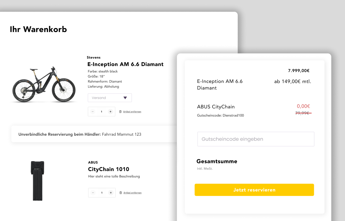 An online shopping cart for the purchase of a Stevens e-bike, model "E-Inception AM 6.6 Diamond," with accessories such as the ABUS CityChain 1010.