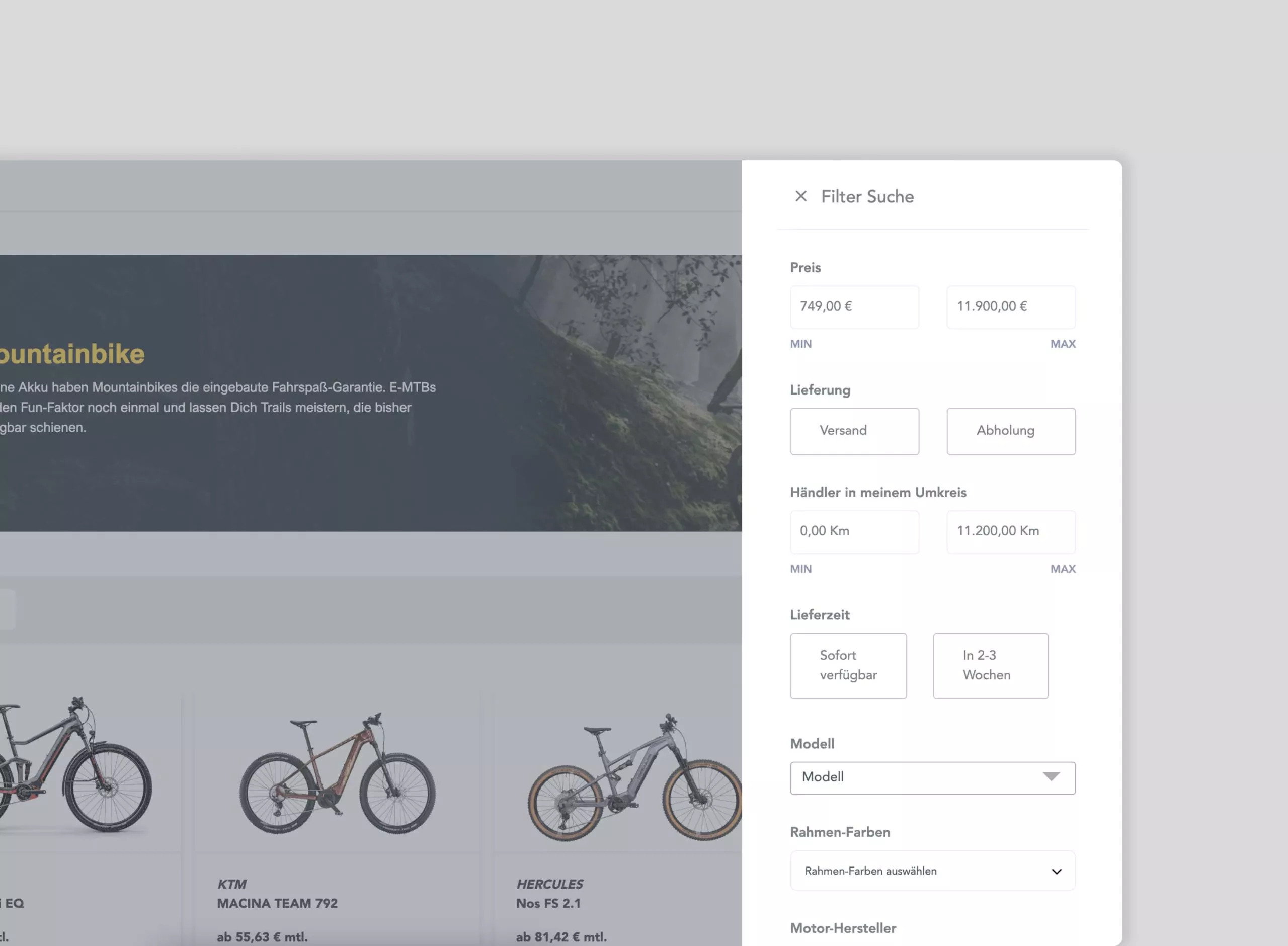 A shop screenshot for mountain bikes, with a filter menu on the right for price, delivery, dealer location, delivery time, model, frame colors, and motor manufacturer.