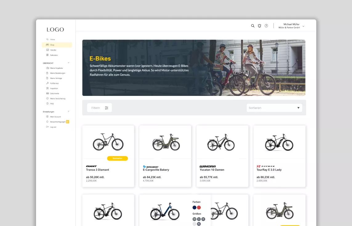 A screenshot of an e-bike shop page with various models, prices, and filter options on the left menu bar.