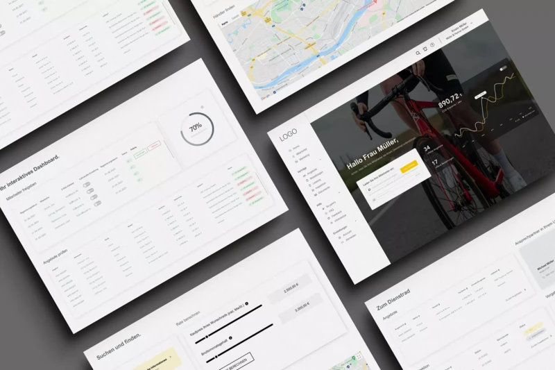 Verschiedene Benutzeroberflächen einer App oder Website, mit Dashboards, Kartenansichten und Datentabellen in einem übersichtlichen Layout.