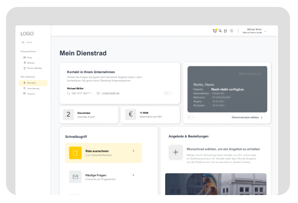 Ein Online-Dashboard für "Mein Dienstrad" mit Informationen zu Kontakten im Unternehmen, Dienstrad-Details, Schnellzugriffsfunktionen wie Ratenrechner und Angeboten.