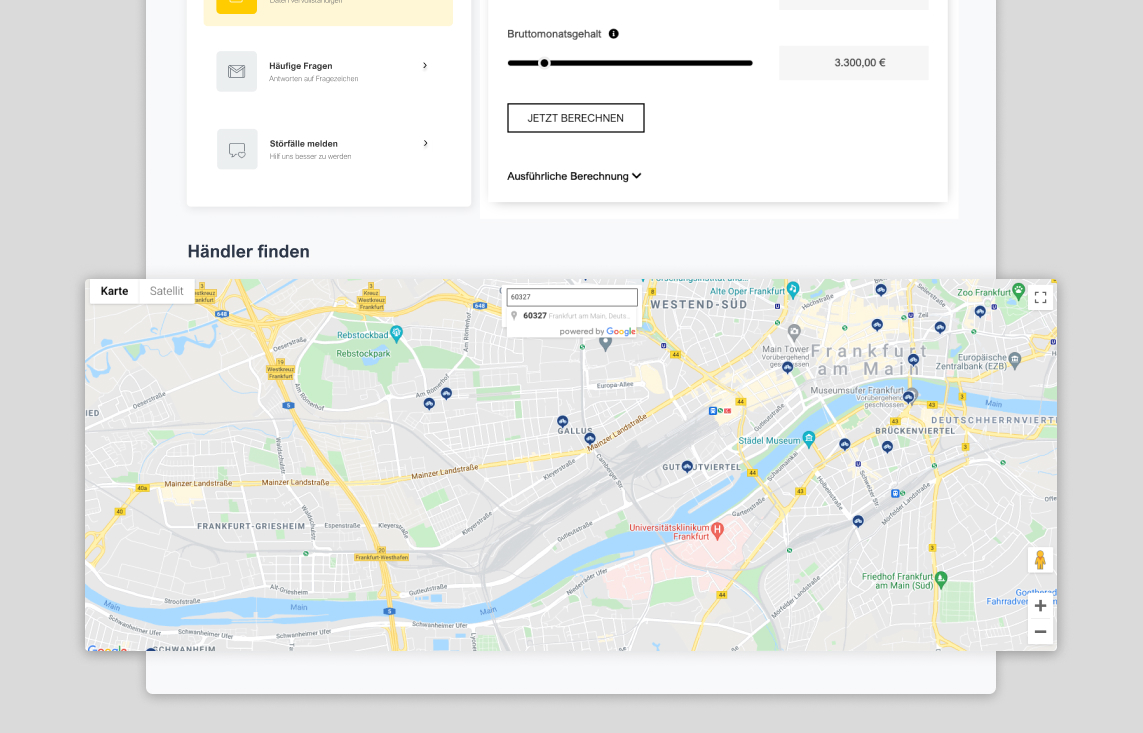 A map section of Frankfurt am Main with markers for dealer locations, embedded in a website.