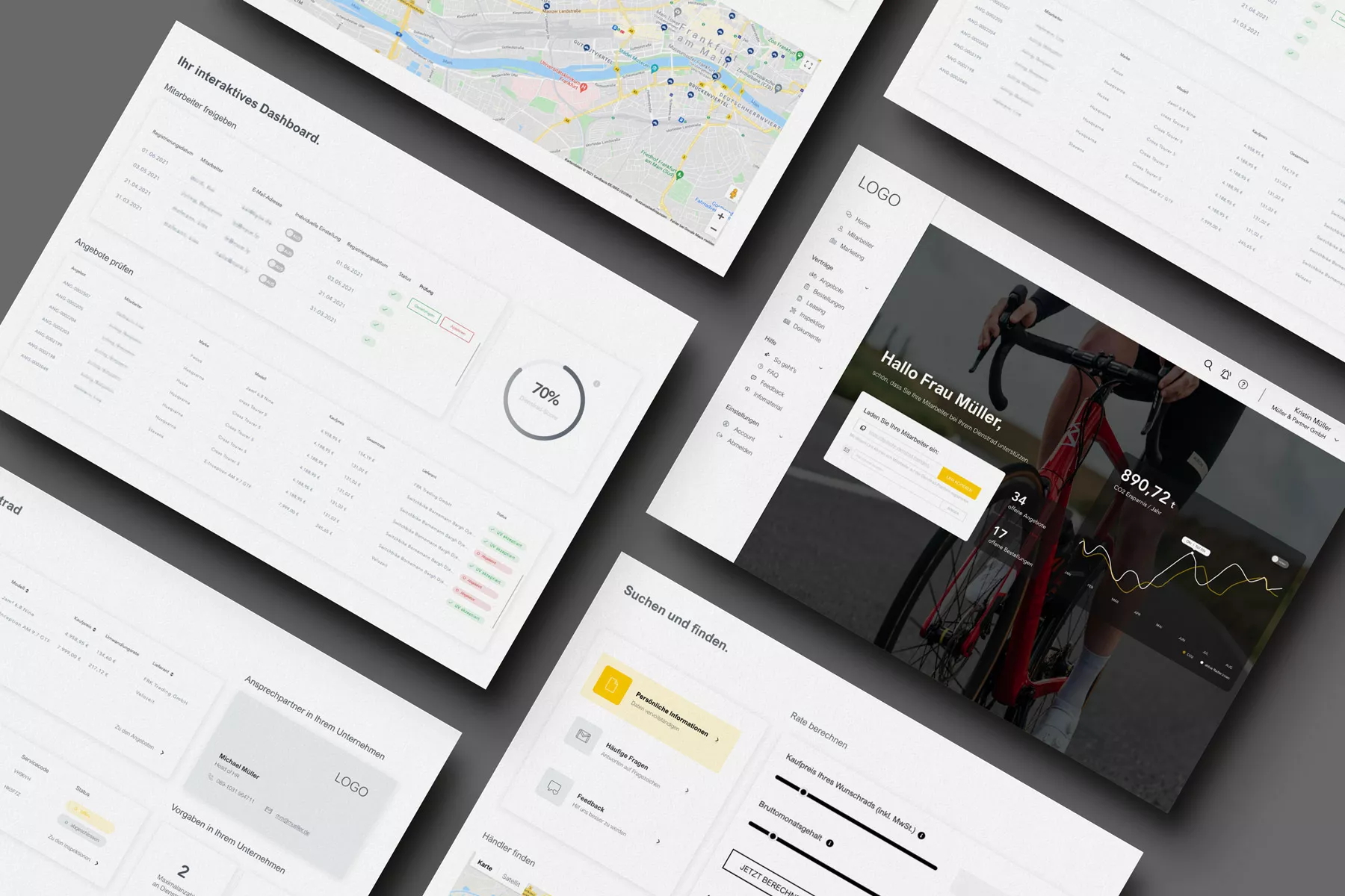  Various user interfaces for an app or website, with dashboards, map views, and data tables in a clear layout.