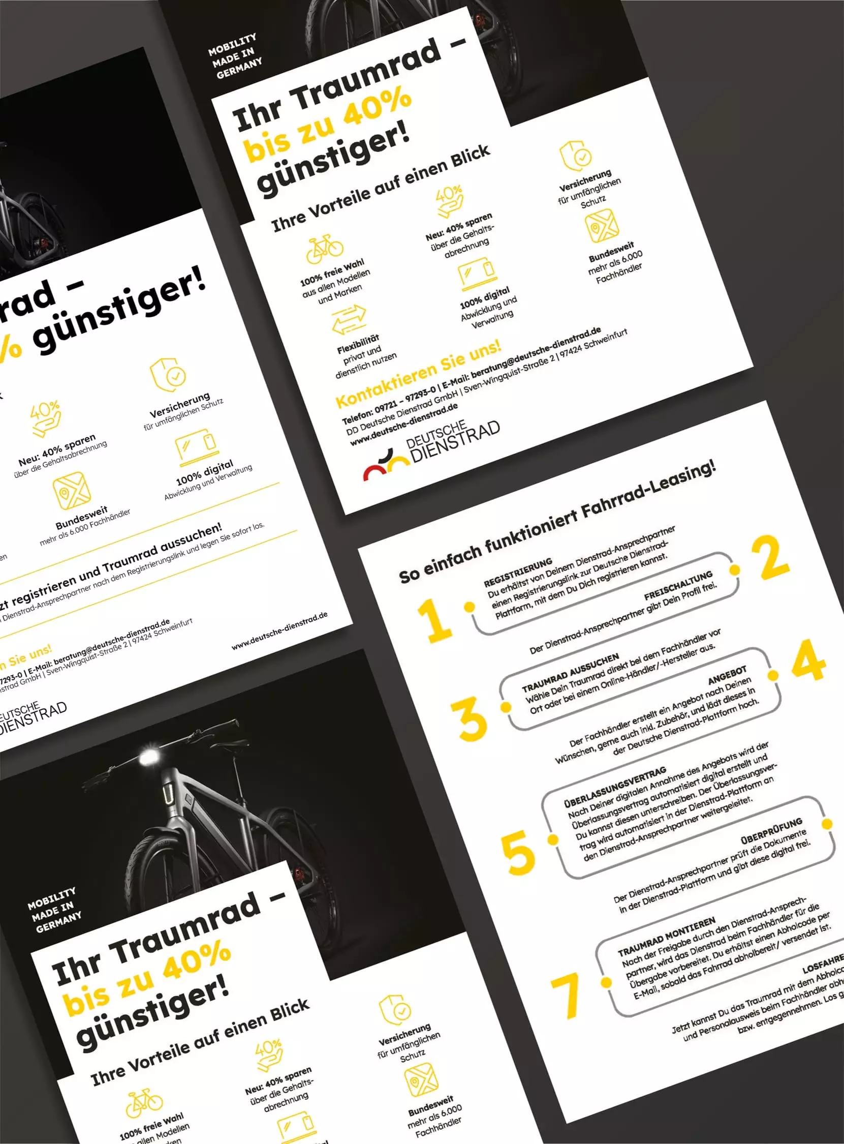 Flyer with information about bicycle leasing offers, highlighting benefits such as 40% savings and nationwide availability. Text details about the simple leasing process, contact information, and a picture of a bike are also included.