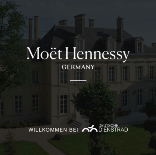 Screenshot of a LinkedIn post by "Deutsche Dienstrad" with the text: "Moët Hennessy rides with Deutsche Dienstrad!" and thanks to Wiebke Rowedda. A picture below shows a building with the words "Moët Hennessy Germany" and "Welcome to Deutsche Dienstrad."