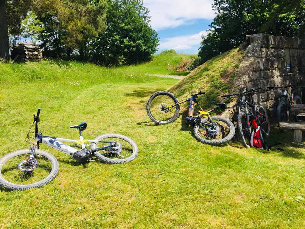  Several bikes, including mountain bikes, are lying and standing on a grassy area outdoors, surrounded by trees and an old stone building. Sunny weather with clear skies in the background.