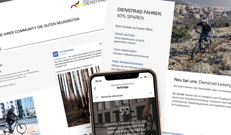 A collage of various screenshots, including a smartphone app with posts and ads, information about company bike leasing and benefits, as well as pictures of users of bikes. The image focuses on bike mobility and leasing offers.